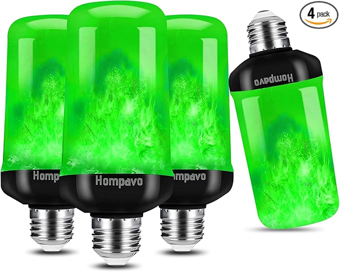 Hompavo 【Upgraded LED Flame Light Bulbs, Green Flickering Light Bulbs with Upside Down Effect, E26 Flame Bulb for Home Halloween St. Patrick's Day Christmas Decorations Indoor & Outdoor, 4 Pack