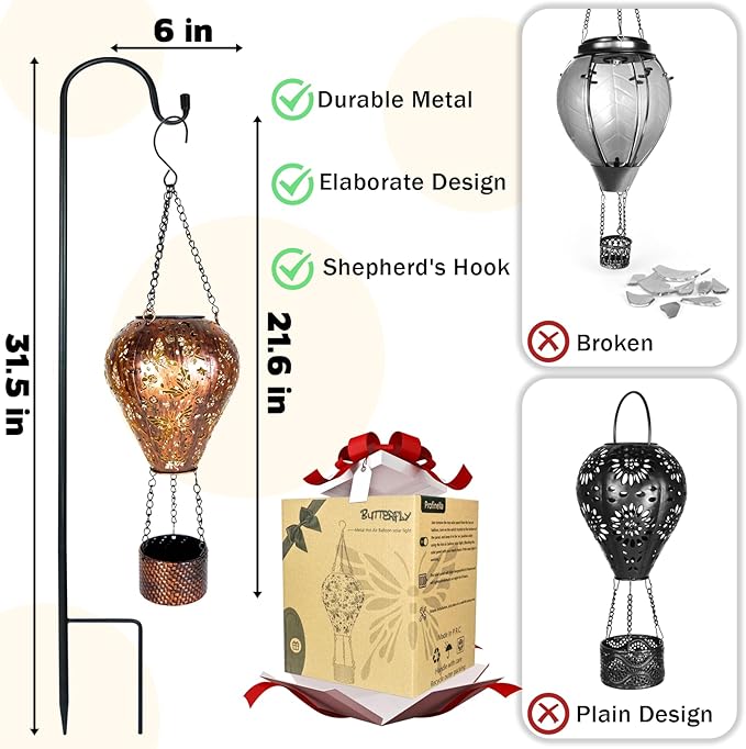 4-Pack Butterfly Decor Hot Air Balloon Solar Lantern – Outdoor Decorative Hanging Light for Garden Yard Patio Porch Lawn and Pathway – Unique Housewarming, Birthday Gift for Women Mom Grandma