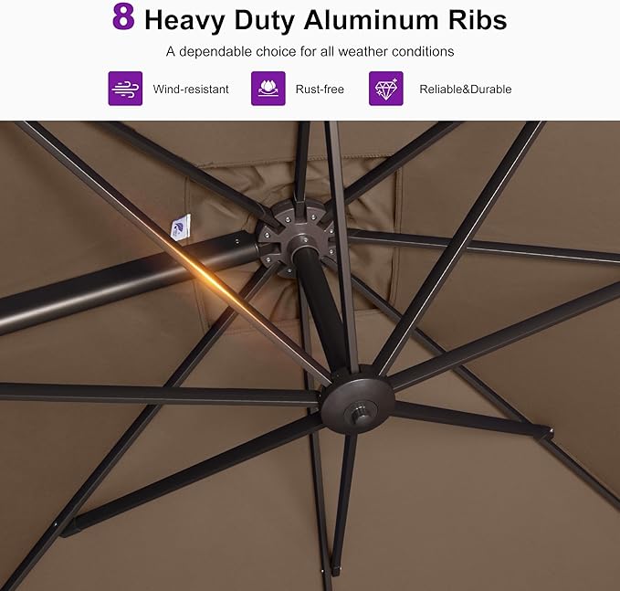 PURPLE LEAF 10' X 13' Patio Cantilever Umbrella Rectangle Umbrella Outdoor with Aluminum Offset Hanging and 360° Rotation for Pool Garden Deck Patio, Taupe