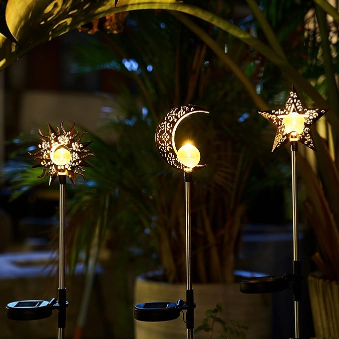 Tryme Solar Lights Outdoor Garden Decorations Sun Moon Star Stake Light Decorative Waterproof Warm White LED Yard Decor for Pathway Lawn Patio Courtyard Backyard