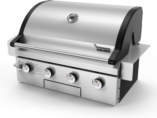 Brand-Man Gas Grill Built-In Head, 30-Inch 4-Burner Propane Grill, Natural Gas Convertible, Heavy Duty 304 Stainless Steel 40,000BTUs BBQ Island Outdoor Kitchen