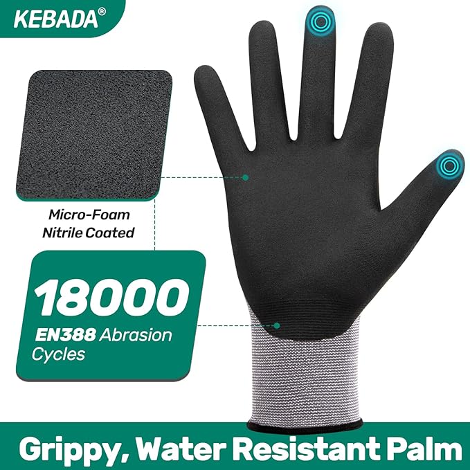 Kebada W2 Work Gloves for Men and Women, Nitrile Coated Working Gloves for Gardening, Construction, Warehouse, Safety Gloves for Work in Yard and Outdoors, 6 Pairs, Small