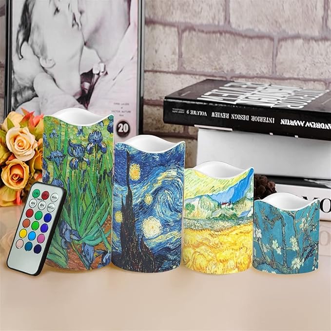 Ystardream Oil Painting Flameless Candles Plastic Moving Flickering LED Candles with Remote Color Changing & Timer,4 Packs