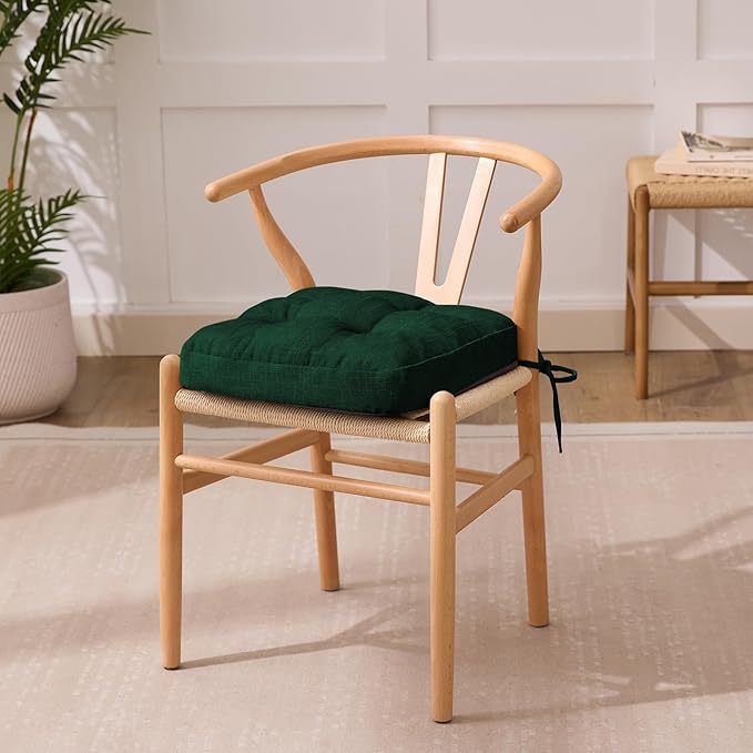 Chair Cushions for Dining Chairs, Dining Chair Cushions, Tufted Indoor Chair Pads with Ties & Non Slip Backing, Seat Cushions for Kitchen Chairs 16.5” x 16.5” x 3.5”, Set of 4, Green