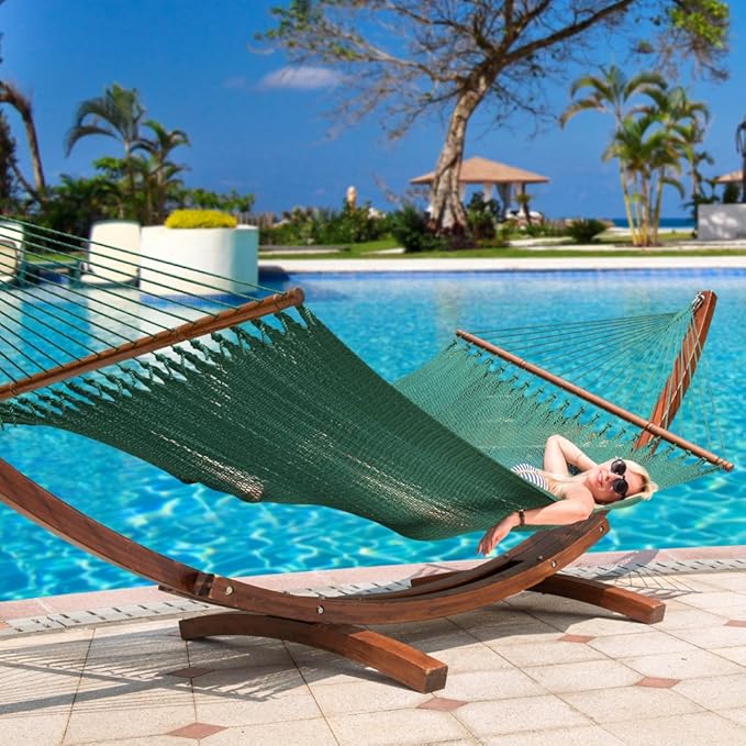 Lazy Daze Hammocks 10.5 FT Double 2 Person Caribbean Rope Hammock, Hand Woven Polyester Hammock with Spreader Bars, for Outside Outdoor Backyard Patio Poolside,450 LBS Capacity, Green