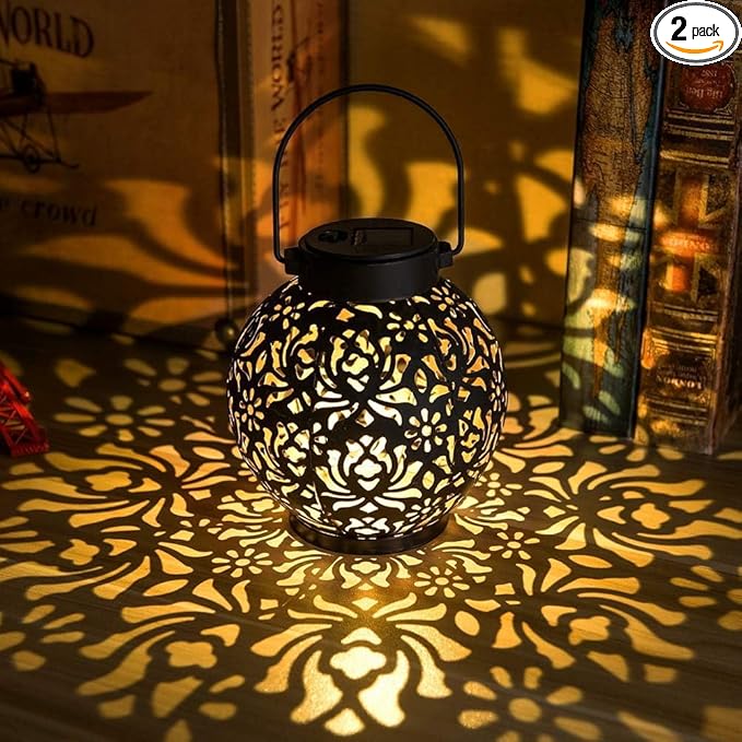 Set of 2 Outdoor Solar Hanging Lantern Lights Metal LED Decorative Lamp for Garden Patio Courtyard Lawn and Table with Hollowed-Out Design (Antique Bronze)