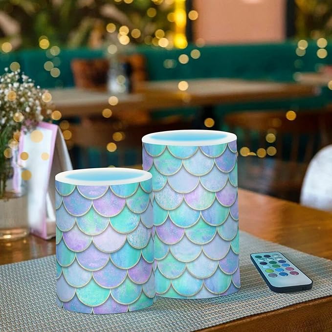 Vdsrup Flameless Candles Set of 2 Purple Teal LED Candles with Timer Battery Operated Mermaid Scale Candle Lights Flickering with Remote for Home Bedroom Decor