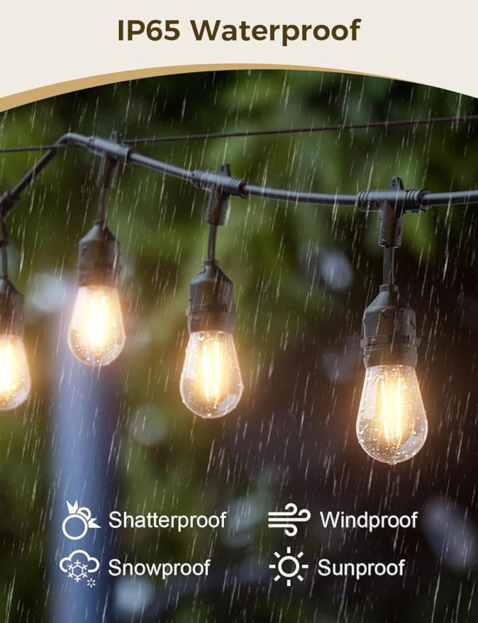 XMCOSY+ Smart Outdoor String Lights, 123Ft LED Patio Lights Waterproof IP65, App Control, Compatible with Alexa, Dimmable Edison Bulbs Outdoor Light for Yard Porch Bistro Outside