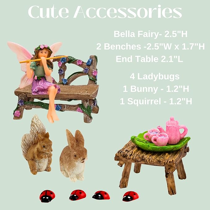 Fairy Garden Accessories Outdoor - Colorful Fairy Garden Starter Kit with a Fairy for a Garden and Miniature Furniture - 14 Piece Set
