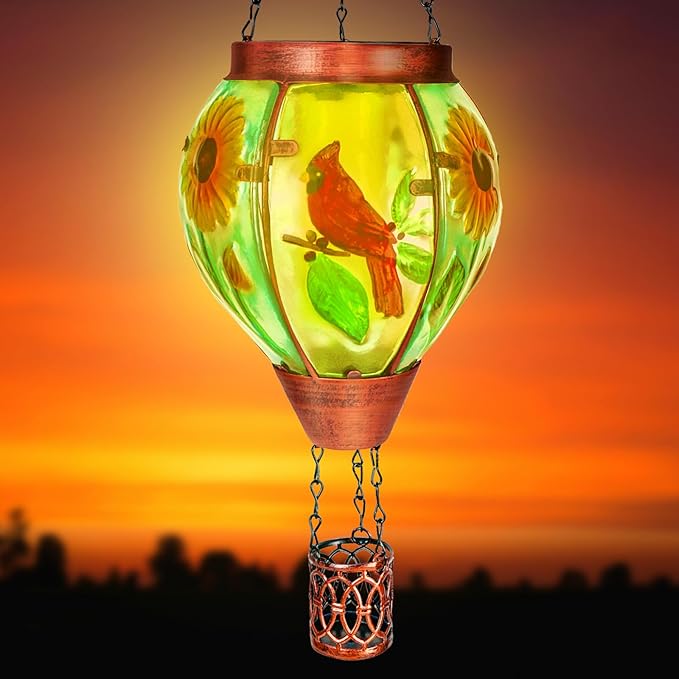 2 Pack Solar Hot Air Balloon Lantern With Flame, Cardinal Glass Solar Hanging Lights for Outdoor Yard Patio Farmhouse Decoration, Gifts for Women Grandma Mom