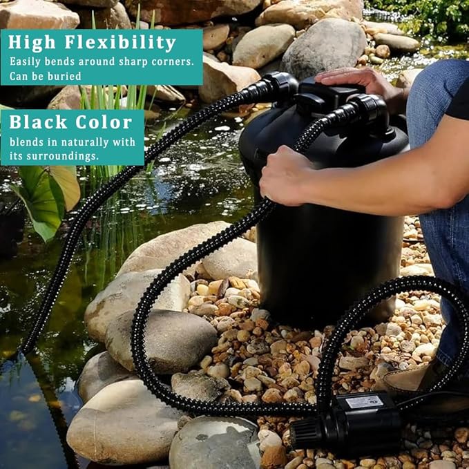 Pond Tubing ID 2” × 10ft Black Corrugated Flexible Reinforced Waterfall Pond Tube Sump Pump Hose, Non-toxic & Kinkproof (10 ft, 2" ID)