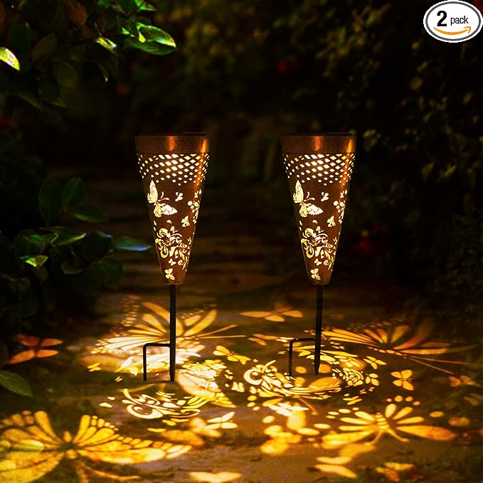 2 Pack Butterfly Solar Pathway Lights Outdoor,Metal Garden Decorations Outdoor Lights with Patterns and Warm Light,Waterproof Landscape Lighting for Path Patio Backyard Walkway Yard