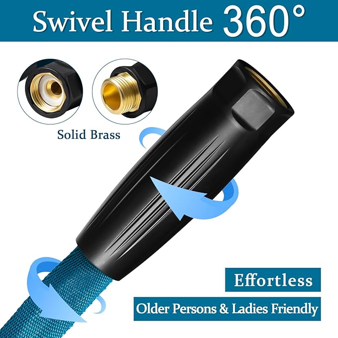 Garden Hose 100ft, Made of TPE(Not PVC), Ultra-Light & Flexible Water Hose with Solid Brass Fittings, Non-Shrinking, Easy to Storage, Drinking Water Safe Material, All-weather, SeaBlue