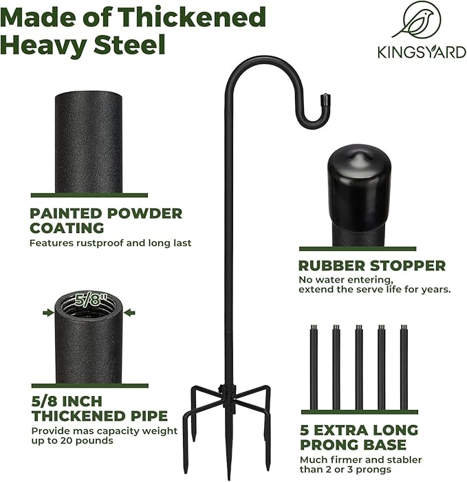 Kingsyard Adjustable Shepherd Hooks for Outdoor - Heavy Duty Bird Feeder Pole with 5 Prong Base, Garden Plant Hanger, Weddings Decor, Solar Light Lanterns, 108 inch