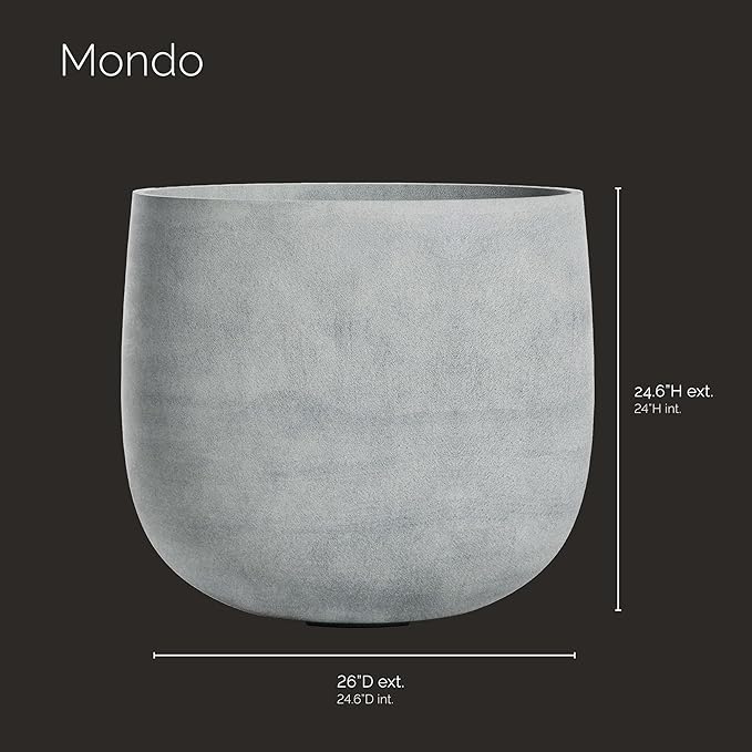 Mondo Large Planter – Concrete Stone Finish – Fiberglass Indoor/Outdoor and Weather-Resistant Round Planter (26" D x 24.6" H Exterior, 24.6" D x 24" H Interior)