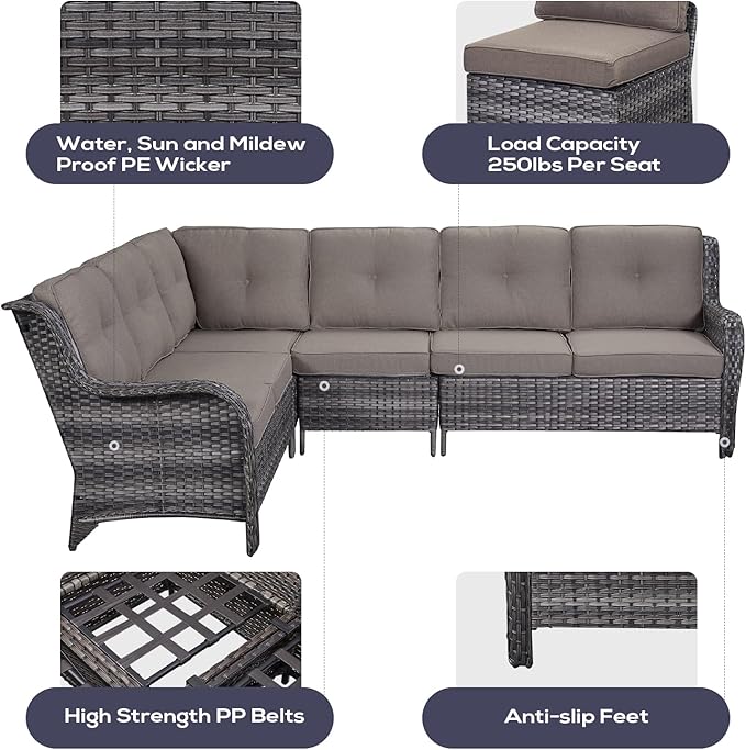 Outdoor Sectional Sofa Furniture Set with Propane Fire Pit Table, Wicker Patio Conversation Set with 2 Swivel Glider Rocker Chairs Grey Cushion Perfect for Backyard Casual Gathering