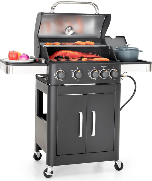 Captiva Designs 4-Burner Propane Gas BBQ Grill with Side Burner & Porcelain-Enameled Cast Iron Grates, 46,700 BTU Output for Outdoor Cooking Kitchen and Patio Backyard Barbecue, Black