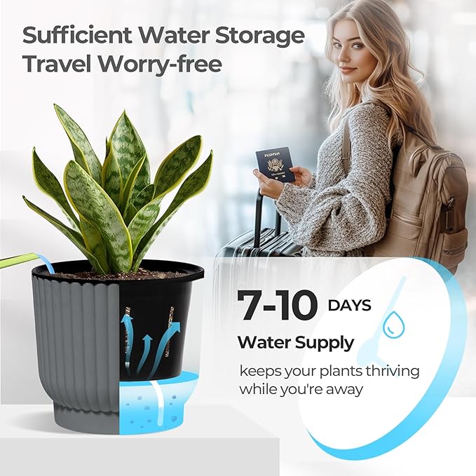 T4U 6 Inch Self Watering Pots for Indoor Plants, 6 Pack Planters for Indoor Plants, Durable Plastic Charcoal Gray Pots for Indoor Plants, African Violets, Flower