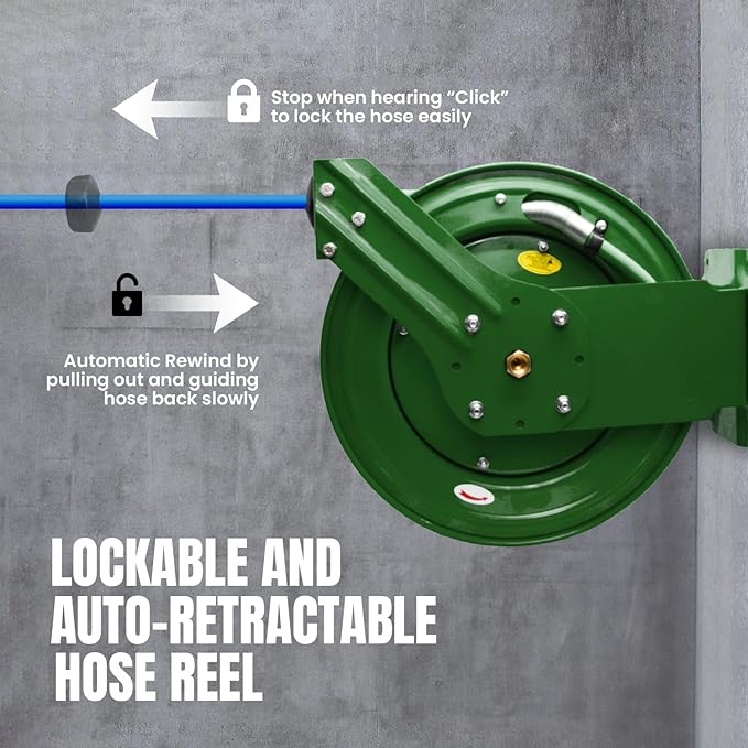 Auto Retractable Water Hose Reel with Hot & Cold Water Rubber Garden Hose, Spray Nozzle - Ultra Light, Super Strong with 6' Lead-in Hose (3/4” x 50’ Green)
