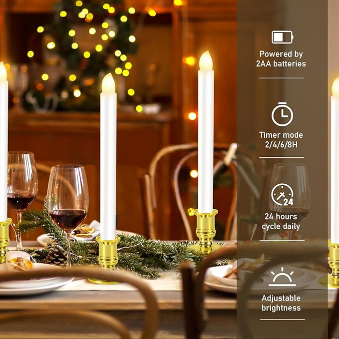12 Pack Christmas Window Candles, Battery Operated Window Candles with Timer Remote, Candle Holder Suction Cup for Christmas Decorations, Gold