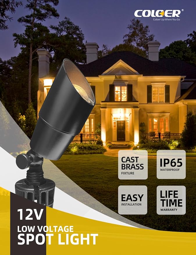 COLOER Brass Low Voltage Landscape Spotlight Fixture(Black) 1-Pack Without Bulb,12V AC/DC Outdoor Spot Lights for Yard, Directional Garden Patio Spot Up Light(101B-Black)