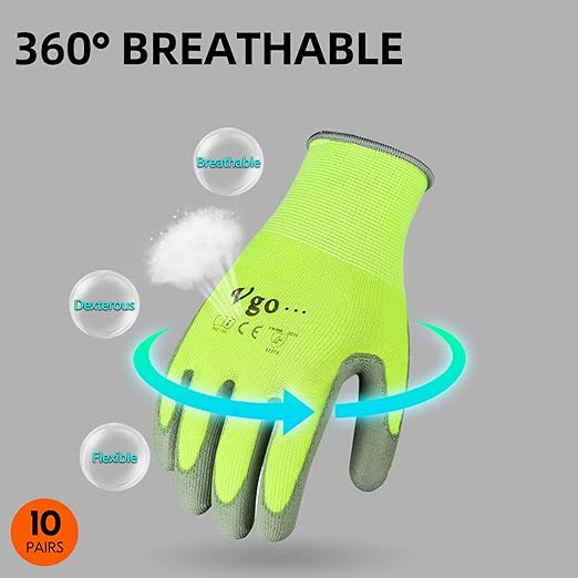 Vgo... 10-Pairs Safety Work Gloves, Gardening Gloves, Polyurethane Coated, Dipping Gloves, Latex Free (Size M, Yellow, PU2103)