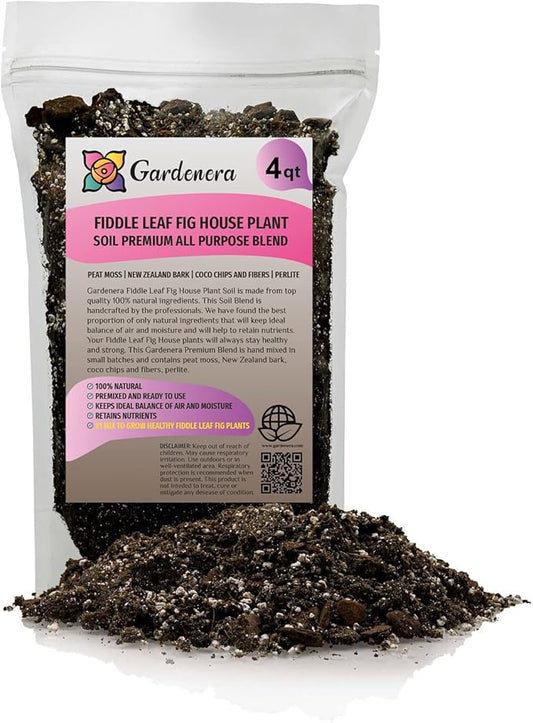 Fiddle Leaf Fig House Plant Soil Premium All Purpose Blend - Peat Moss, New Zealand Bark, Coco Chips and Fibers, Perlite - 4 Quart Bag