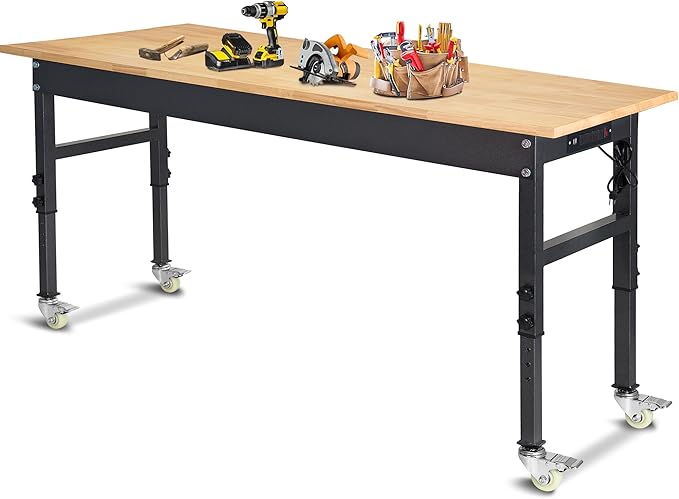 60" Adjustable Work Bench, Rubber Wood Top Workbench Heavy-Duty Work Table with Power Outlet with Wheels, 2000 LBS Load Capacity Hardwood Work Benches for Garage, Workshop, Home, Office, Easy Assembly