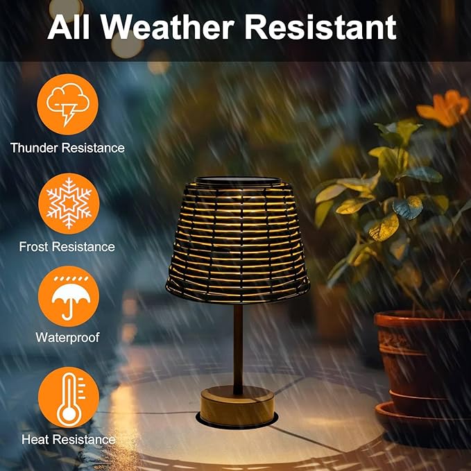 Solar Rattan Woven Desk Lamp, Outdoor Table Lamps for Patio, Garden, Bedroom, Living Room (Black)