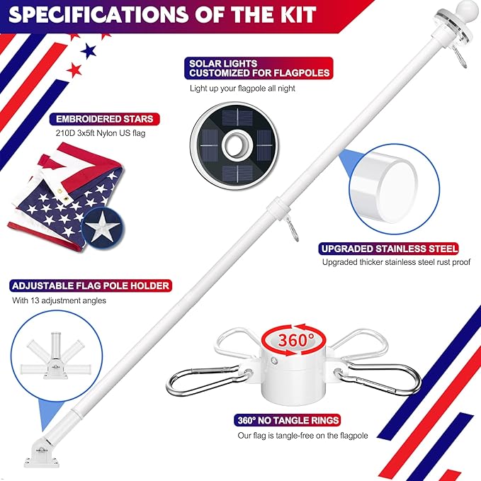 ZMTECH 2 Pack 5FT White Flag Pole Kit with Solar Light and Proud American Flag, Adjustable Bracket and Upgraded Tangle-Free Ring 1" Stainless Steel Flagpole for Day and Night, Residential, Commercial