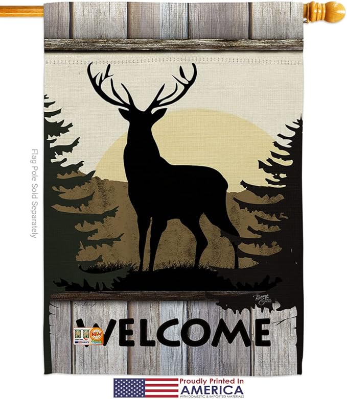Welcome Deer House Flag Dowel Set Animals Wildlife Outdoor Bear Wolf Pet Nature Farm Animal Creature Small Decorative Gift Yard Banner Made In USA 28 X 40