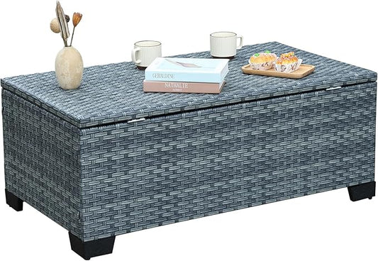 Outdoor Storage Table Wicker Patio Coffee Table All-Weather Rattan Side Table with Waterproof Cover, Grey