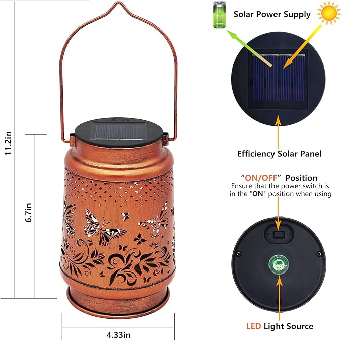 2 Pack Solar Butterfly Lanterns Outdoor Hanging Decor Lantern,Waterproof Hollow Out Retro Metal Decorative Garden Light,Graceful Decoration for Patio,Yard,Landscape,Festival