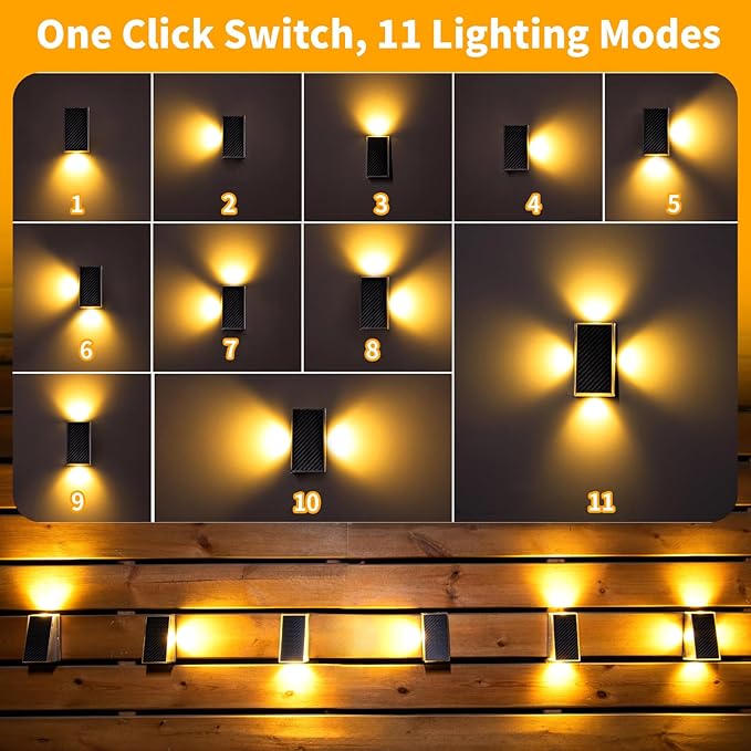 KINKAI Solar Fence Lights - 10 Pack Outdoor Fence Lights Solar Step Light Waterproof with 11 Lighting Modes Outdoor Solar Lights Decor for Wall Stairs Step Garden Backyard Walkway Patio(Warm Light)