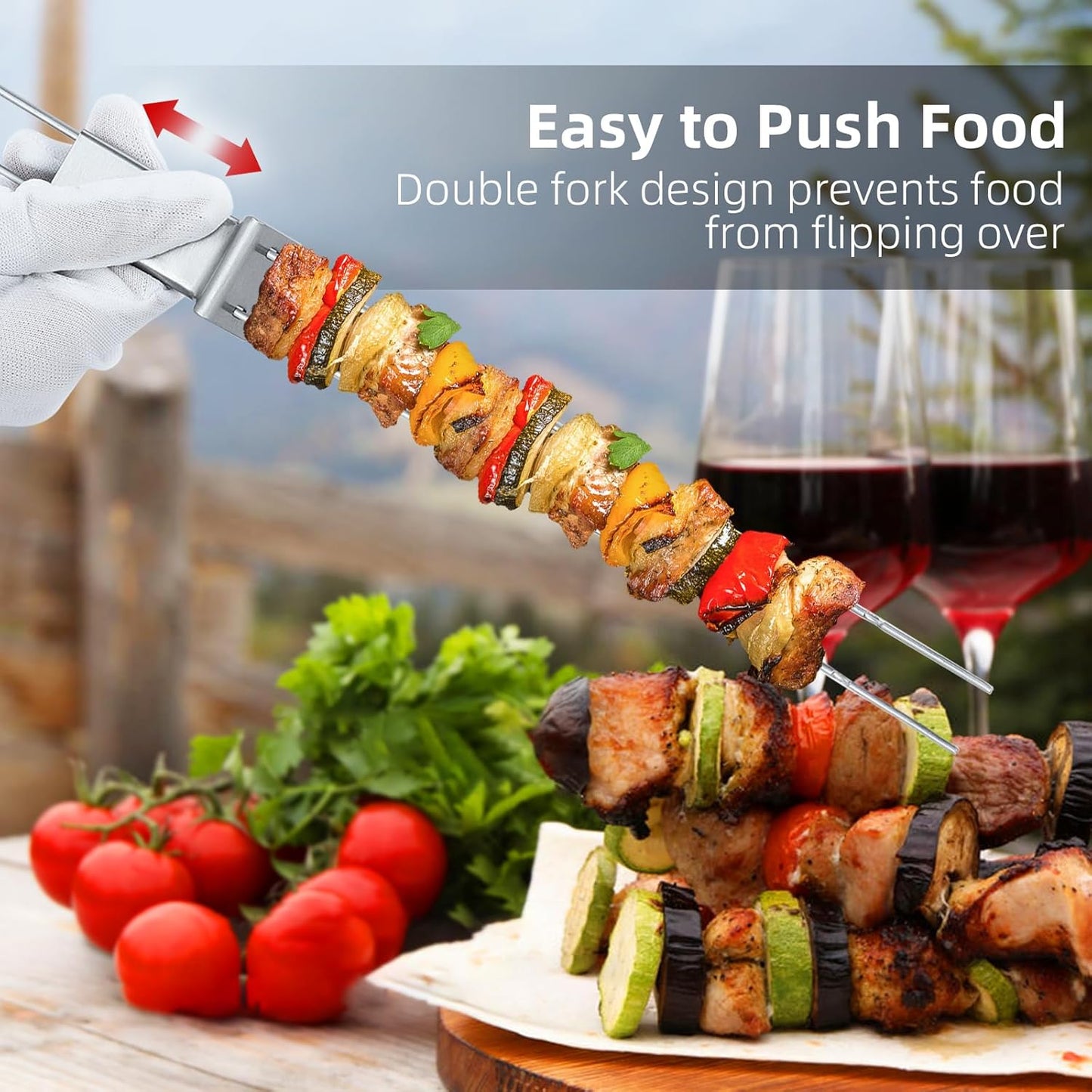 Kabob Skewers - 17" 12 Pack Metal Skewers For Kabobs with Push Bar Double Pronged Anti-Roll Flat BBQ Skewer for Grilling Stainless Steel Reusable Kebab Skewer for Meat Shrimp Chicken Veggie