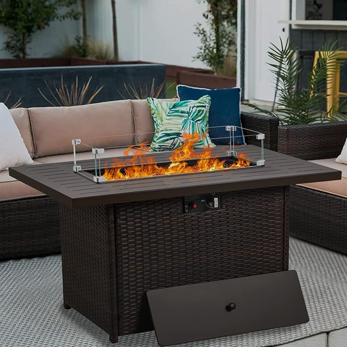Propane Fire Pit Table,44 Inch 55000 BTU Outdoor Gas Fire Pit Rectangular with Glass Wind Guard for Outside Patio Deck (Brown-Aluminum Top)