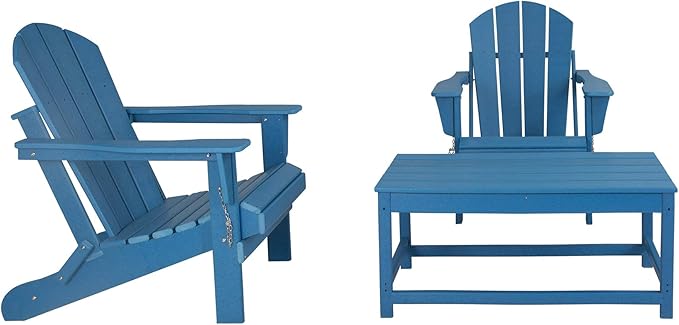 WO Home Furniture Adirondack Chairs Table Set of 3 PCS Outdoor Folding Chairs Coffee Table Weather/UV Resistant for Lawn, Garden, Bon Fire, Balcony (Pacific Blue)
