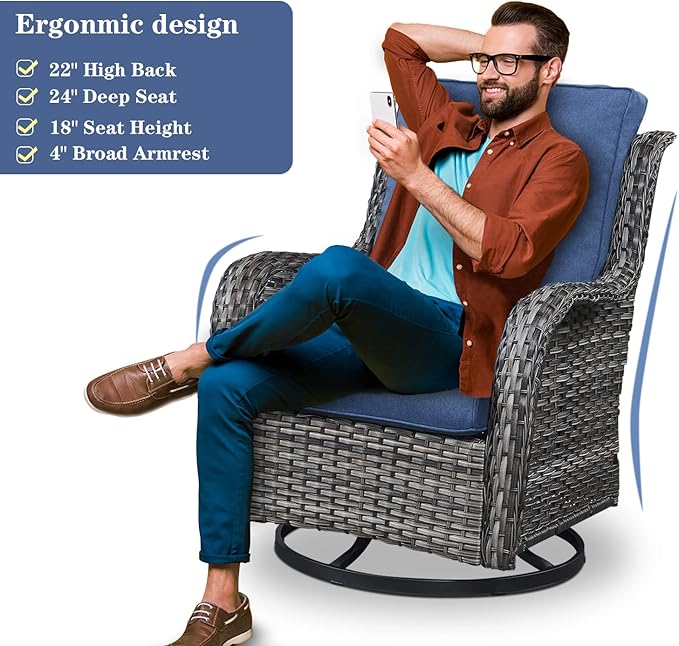 Outdoor Furniture Sectional Sofa L Shaped Couch - Patio Wicker Set with 2 Swivel Glider Chairs, 5 Piece Rattan Patio Conversation Sets with Blue Cushion for Deck Backyard Sunroom