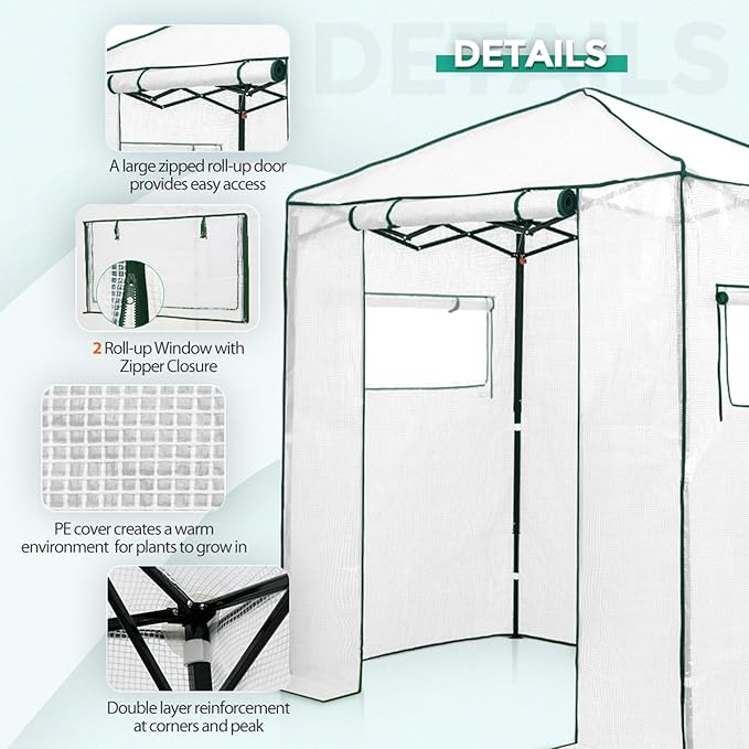 EAGLE PEAK 6x4 Portable Walk-in Greenhouse, Pop-up Indoor Outdoor Garden Green House, Zippered Door and Windows, PE Cover, White
