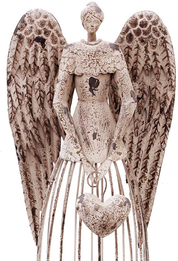 Morning View Metal Angel Statue Decor for Garden Yard Art Outdoor Standing Large Angel Decorations with Heart Antique Patio Patio Lawn Holiday Christmas 32 Inches Tall
