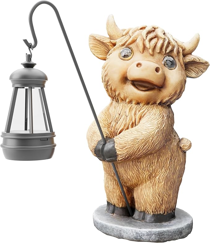 Highland Cow Statues with Solar Lights, Highland Cow Resin Figurine Lights, Highland Cow Ornaments for Patio, Balcony, Indoor Decoration and as Gifts