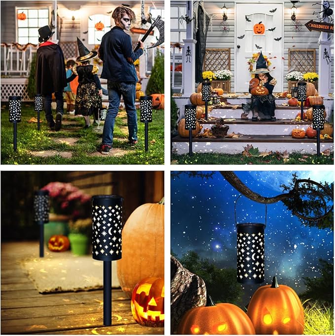 6 Pack Solar Light Outdoor Garden Patio Pathway Landscape Lights Yard Driveway Lawn Walkway Decoration Star Moon Solar Lantern Waterproof Outside Path Hanging Sidewalk Courtyard Black