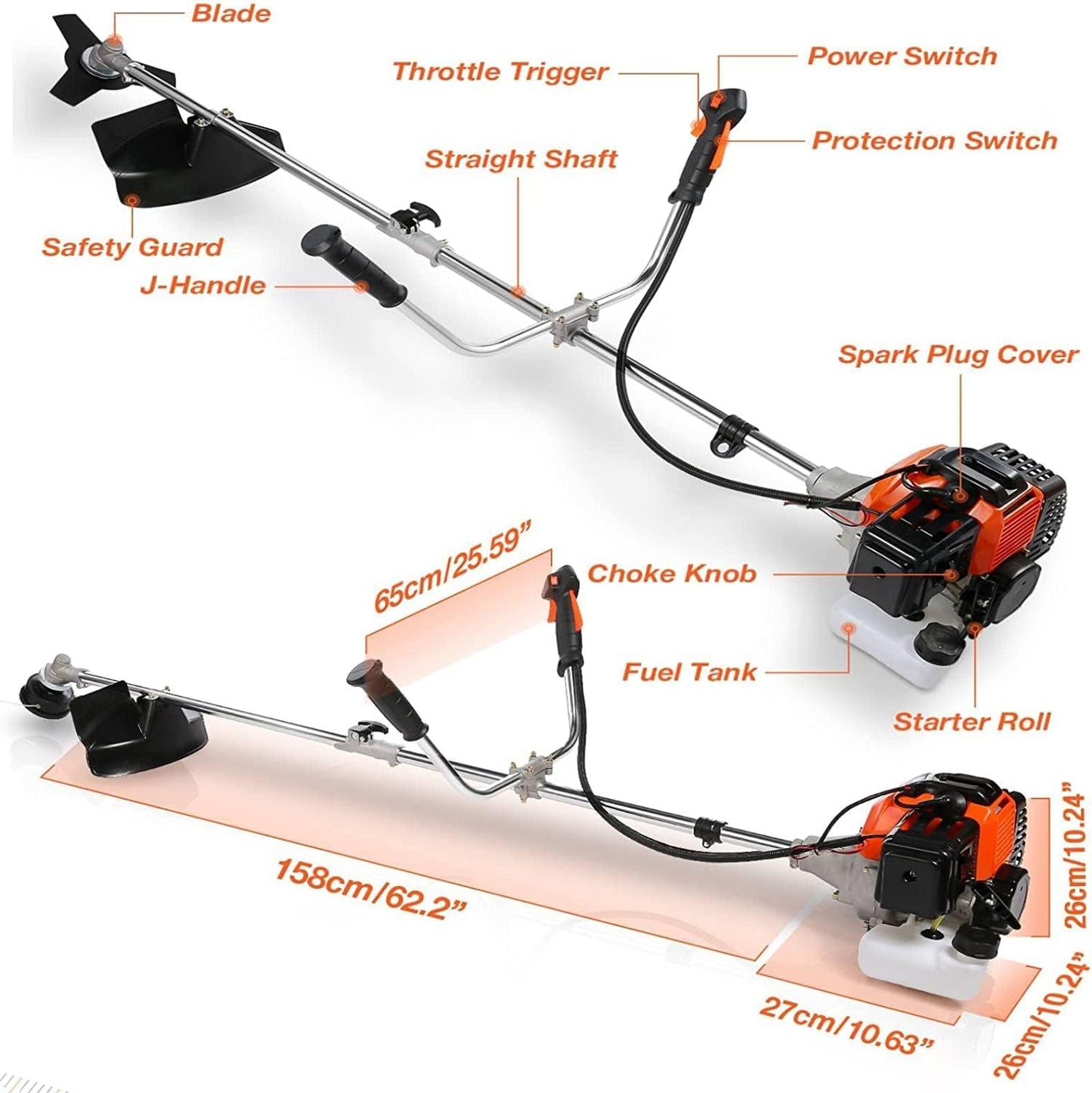 COOCHEER 4 in 1 Brush Cutter Gas Powered,58cc Weed Wacker Gas Powered, 2 Cycle Straight Shaft String Trimmer Grass Cutter Machine for Lawn and Garden Care Trimming, Orange