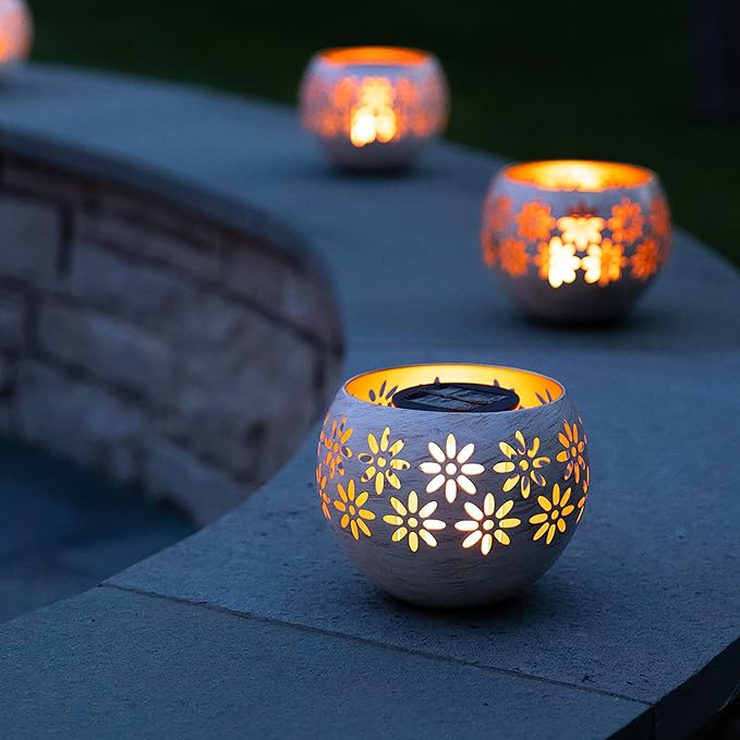5.4” 4-Pack Decorative Metal Solar Patio Light with Flickering Flame, Waterproof Dusk-to-Dawn Garden Lantern, White