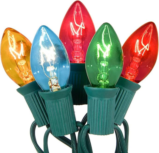 Abeja 25Ft Multicolor Christmas Lights, C7 Outdoor Christmas Light with 27 Clear Colorful Bulbs (2 Spare), Vintage Outdoor String Lights for Christmas Holiday Prom Roofline Party Wedding Decor, Green