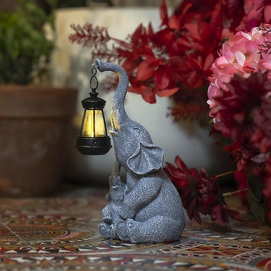 Solar Garden Elephant Statue Outdoor Decor, Cute Elephant Figurines Waterproof Garden Decor with Solar Lantern, Small Elephant Decor for Garden Yard Art Lawn Porch, Garden Gifts for Women (Elephant)