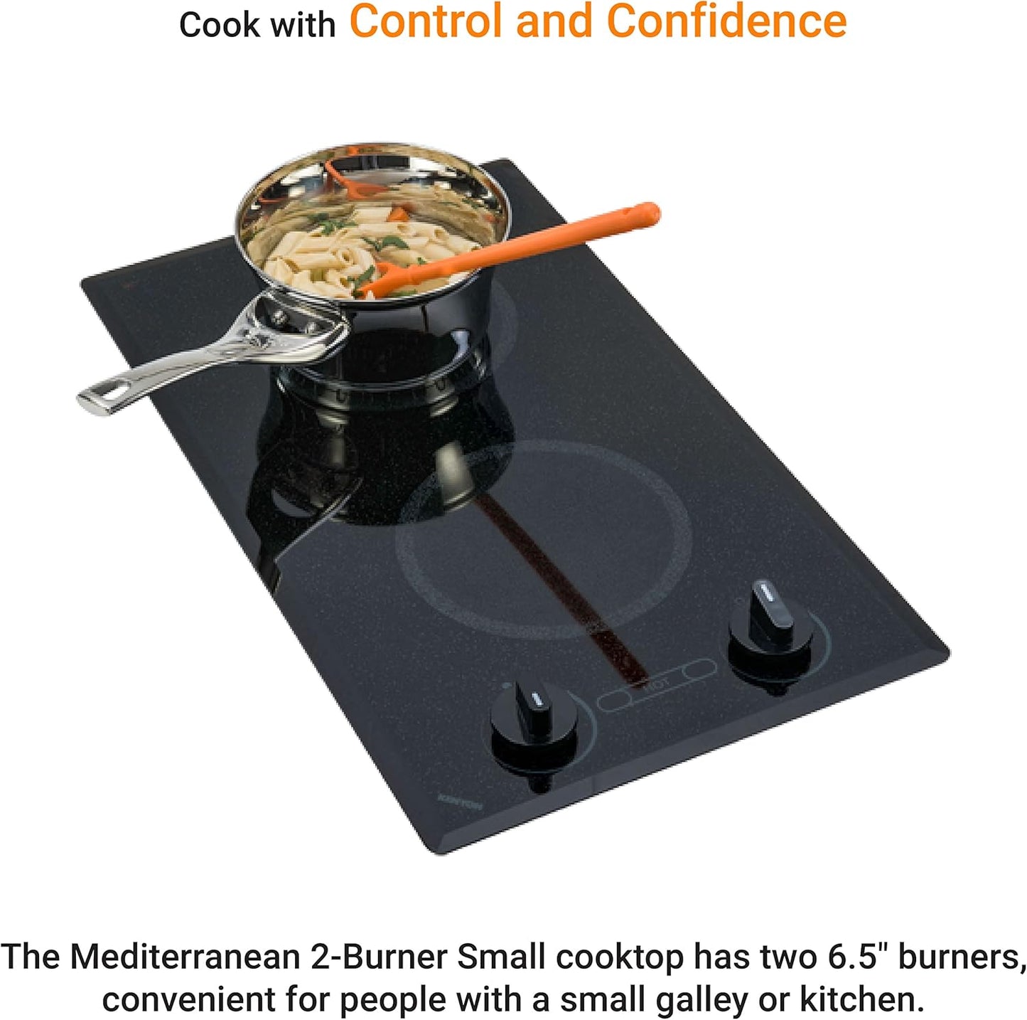 Kenyon Mediterranean 2-Burner Small Cooktop, Electric Cooktop for Energy-Efficient Cooking, Knob Control, Portrait Cooktop, 208-Volt, Black