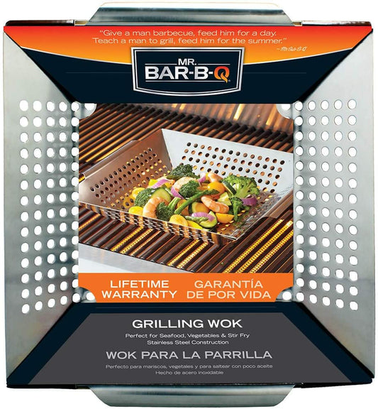 Mr. Bar-B-Q Stainless Steel Skillet Large Strainer Perfect for Cooking Seafood & Vegetables Grill Basket Built In Handles Stainless Steel for BBQ Grill Camping Backpacking Grilling Accesories 06034Y