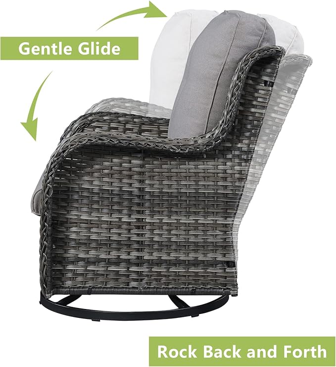 Outdoor Wicker Patio Furniture Set - 6 Piece Rattan Patio Conversation Set with 2 Rocking Swivel Chairs,2 Ottomans,1 Loveseat and 1 Coffee Table for Porch Deck Backyard Garden(Mixed Grey/Grey)
