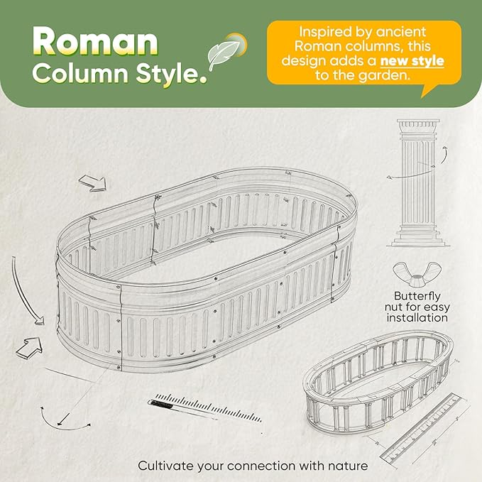 KING BIRD Raised Garden Bed Kit 2025 Upgraded Modular DIY Galvanized Planter Garden Box Outdoor for Gardening, Vegetables, Flowers, Elegant Roman Column Design, 94x24x12 in, Dark Grey